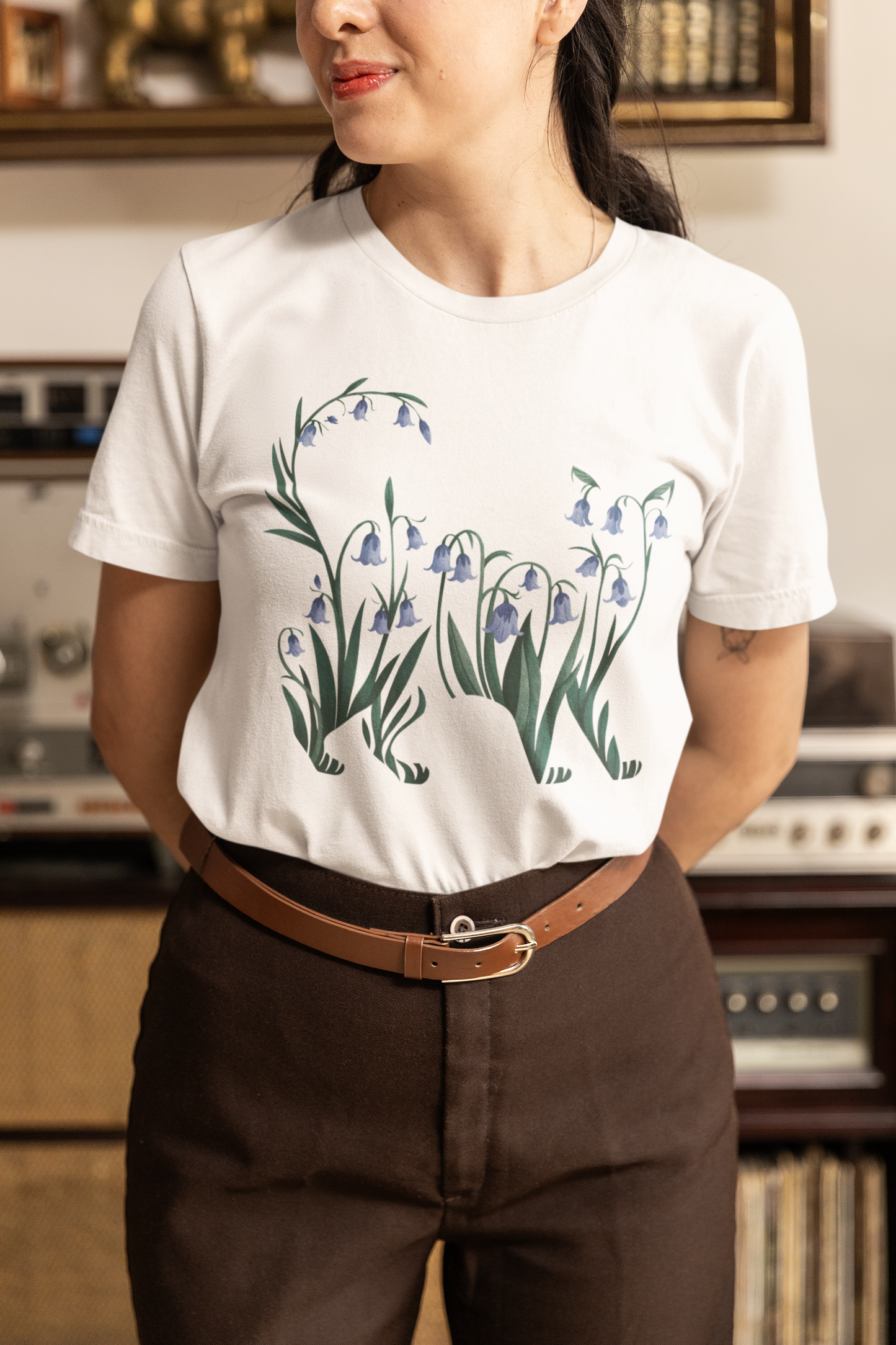 Bluebell Cat T Shirt Floral Art Nouveau Botanical Cat Design for Plant and Cat Lovers