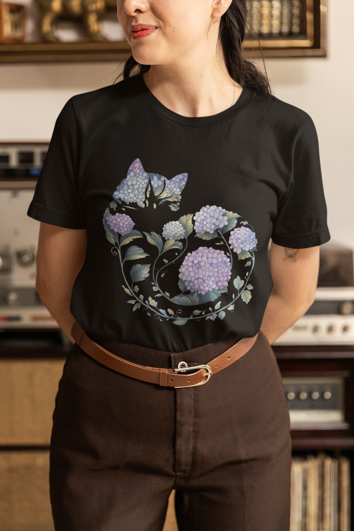 Hydrangea Cat T-Shirt Floral Cat Silhouette Tee for Plant Moms and Boho Cat Lovers