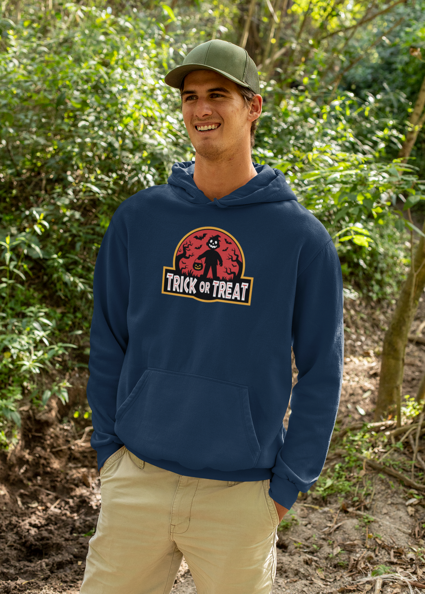 Trick or Treat Hoodie, Jurassic Park Style Halloween Sweatshirt for Horror Fans and Halloween Enthusiasts