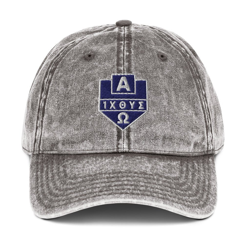 Alpha Omega ICTHYS Greek Shield Flat Embroidered Vintage Cotton Twill Cap - Inken Image