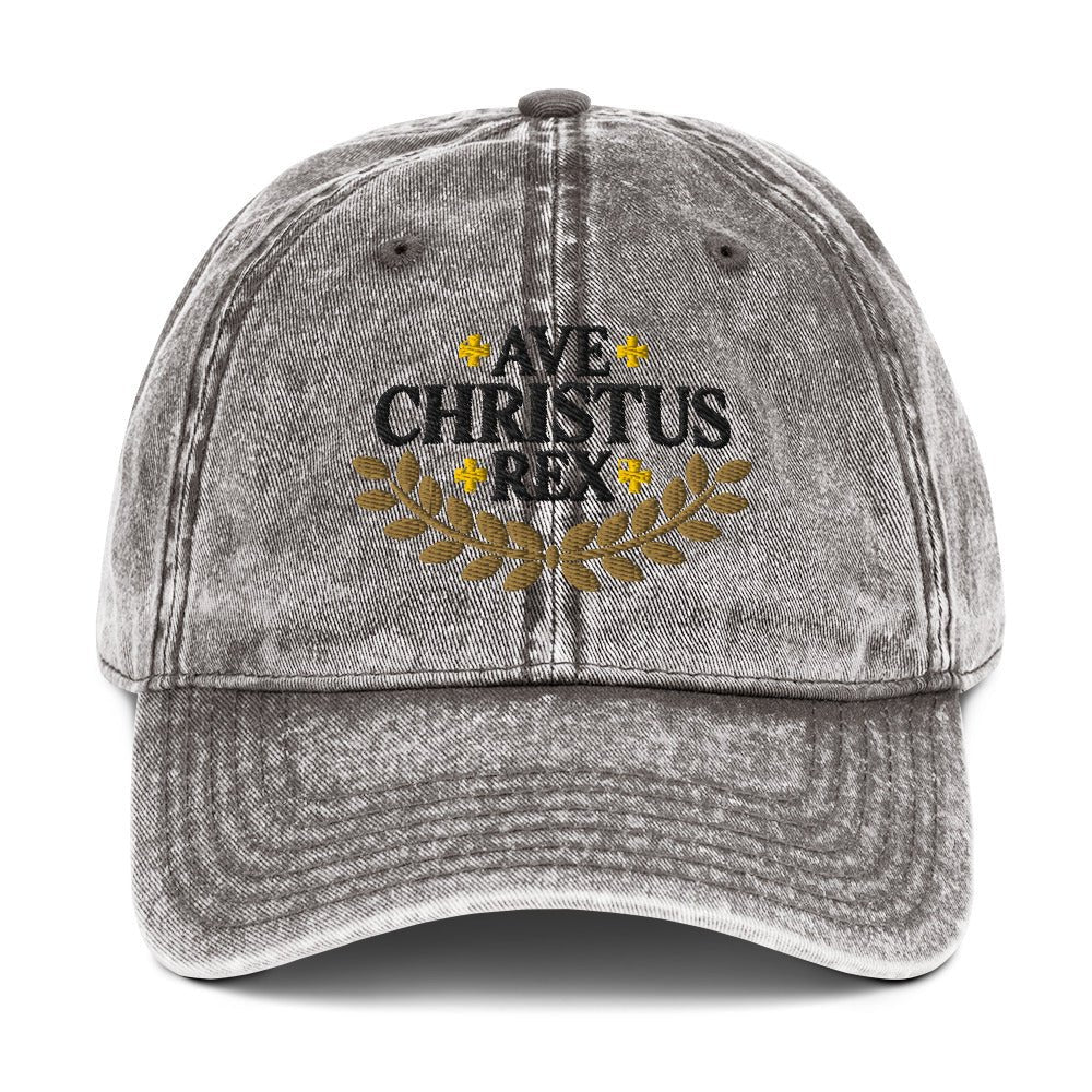 Ave Christus Rex "Hail Christ the King" Gold Wreath Flat Embroidered Vintage Cotton Twill Cap - Inken Image