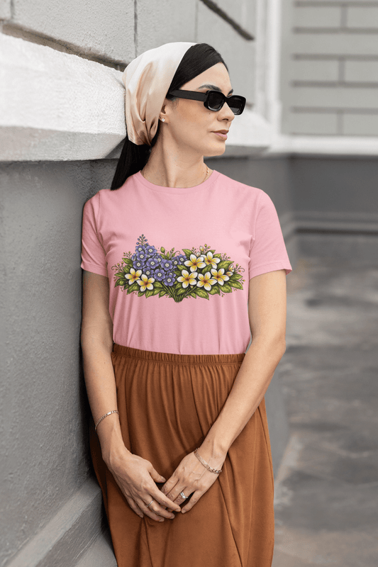 Boho Delphinium Frangipani Bouquet Tee Women’s Cottagecore Shirt - Inken Image