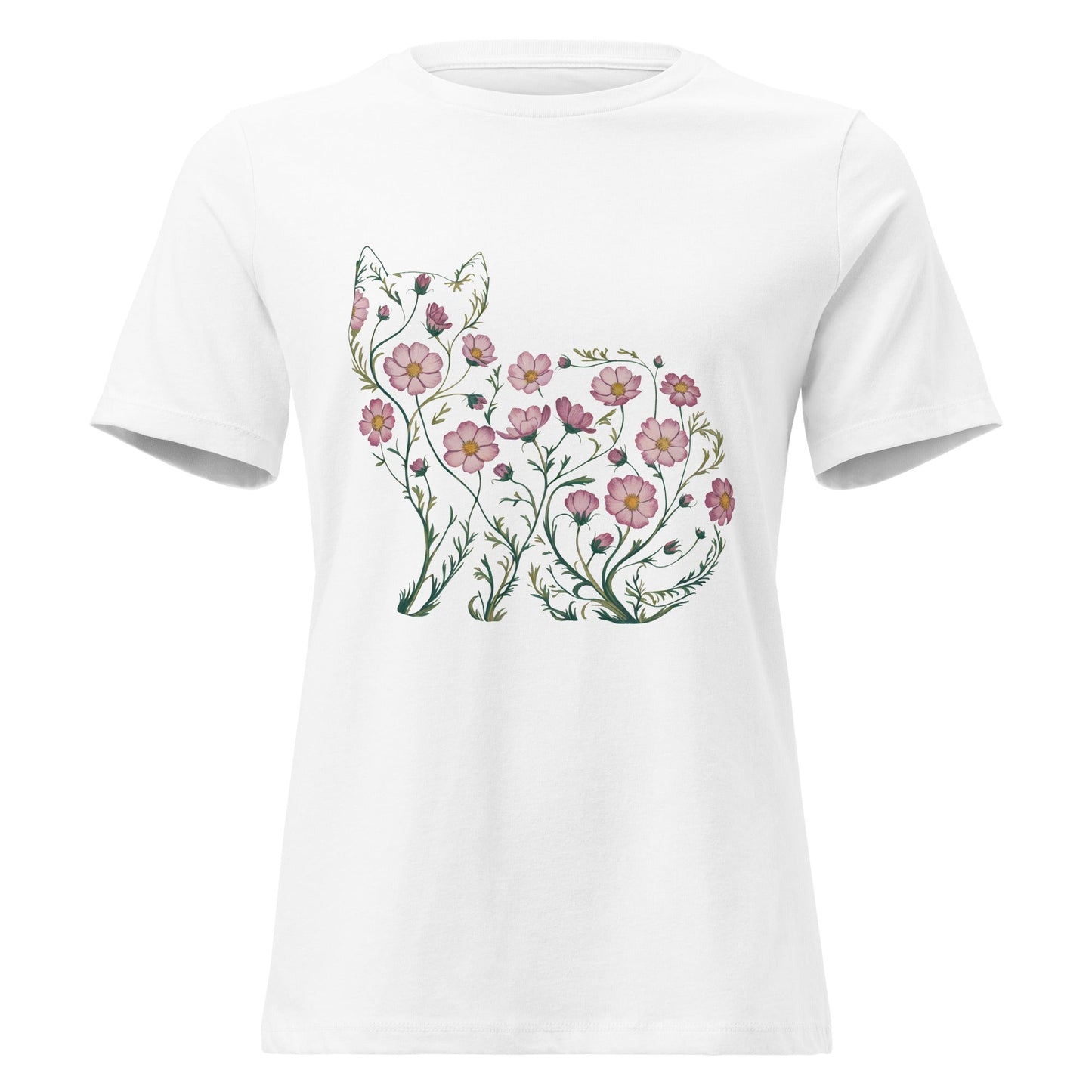 Cosmos Flower Cat Silhouette Botanical T-Shirt - Inken Image