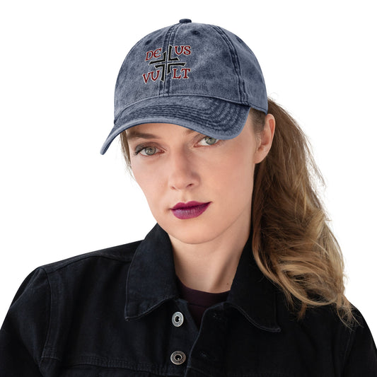 Deus Vult God Wills It Asymmetric Cross Emblem Embroidered Vintage Cotton Twill Cap - Inken Image