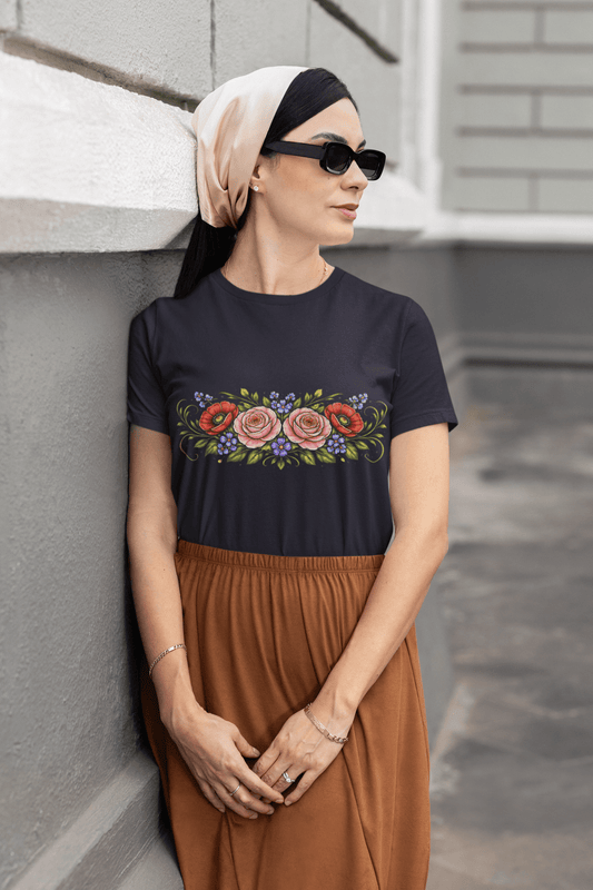 Rose Poppy Flat Bouquet Tee Folk Art Floral Women’s Shirt - Inken Image