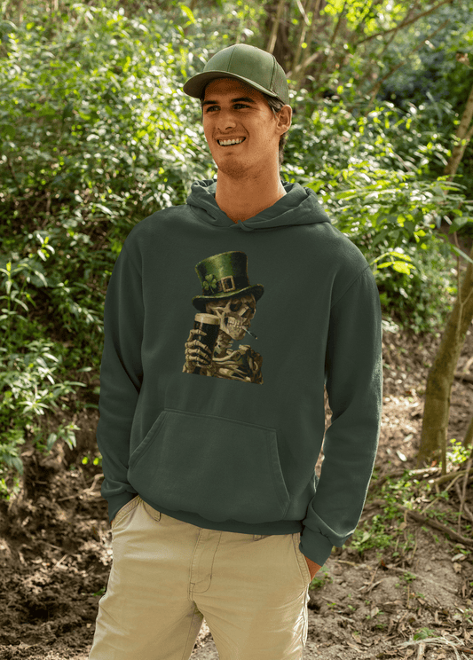 Skeleton with Burning Cigarette and Pint St Patricks Day Hoodie Irish Pub Skull Sweatshirt - Inken Image