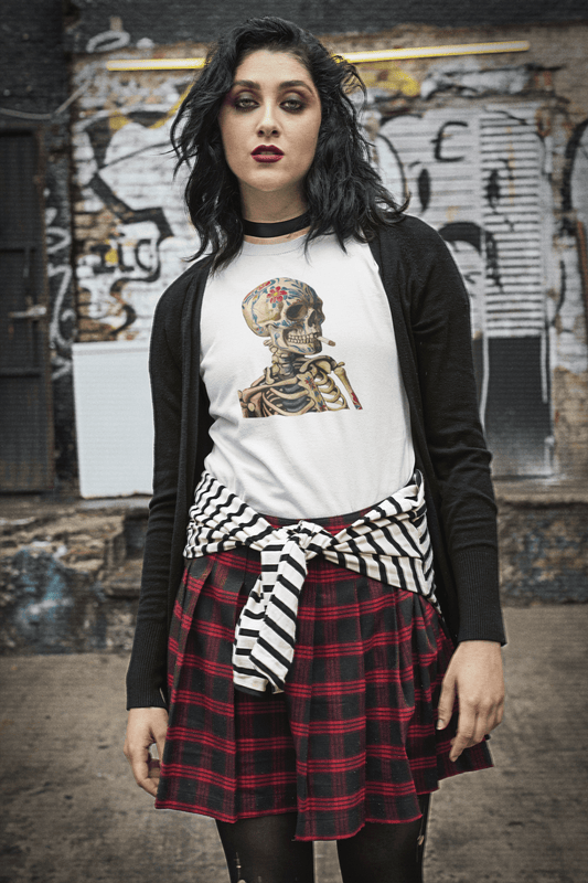 Sugar Skull Skeleton Smoking Cigarette Shirt Dia De Los Muertos Gothic Tee - Inken Image