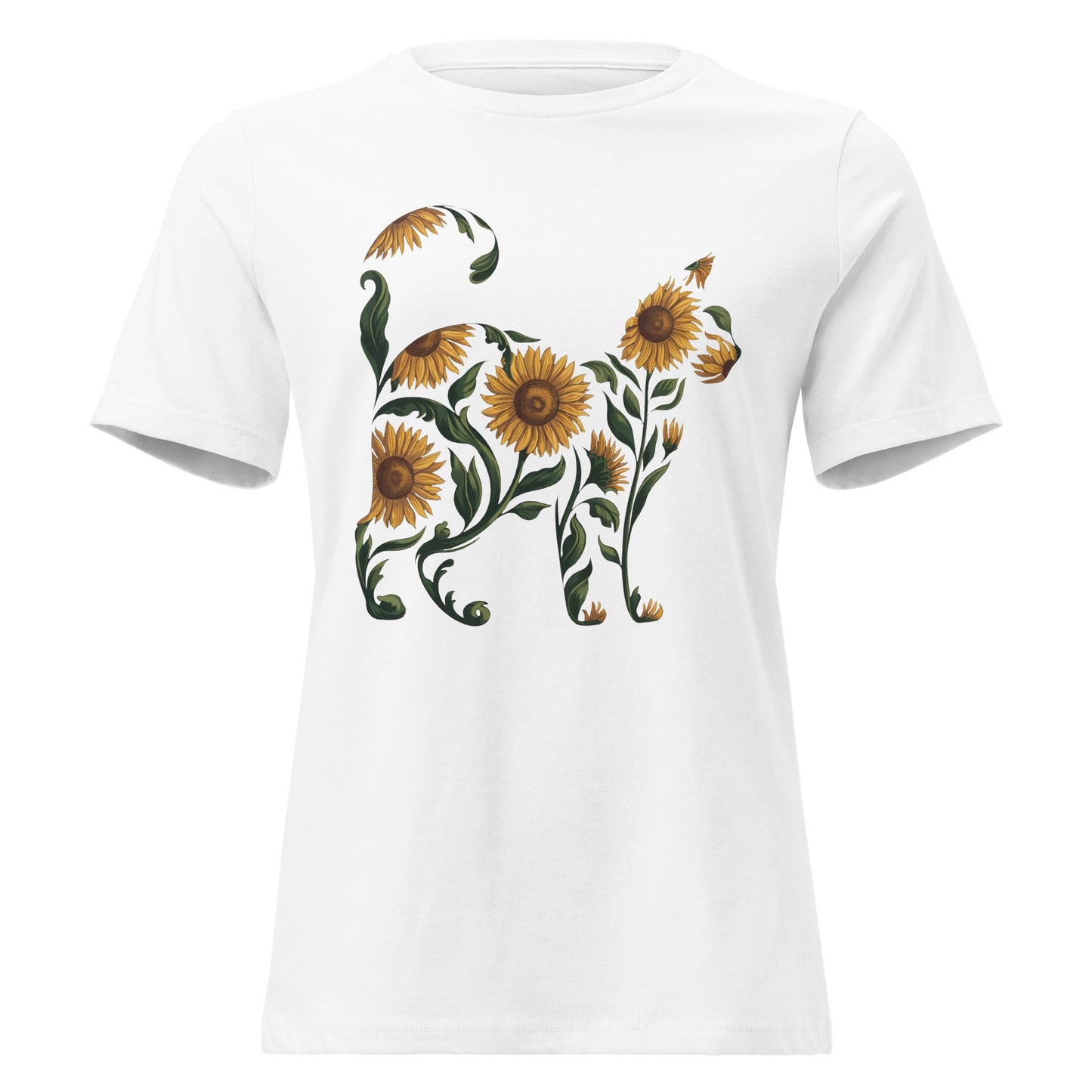 Sunflower Standing Cat Silhouette Botanical T-Shirt - Inken Image