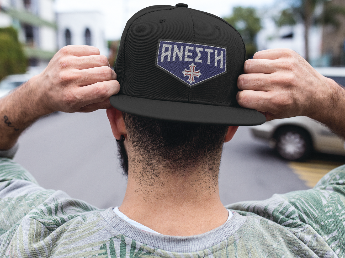 HE IS RISEN Shield Embroidered Snapback in Greek, Slavonic, or Latin