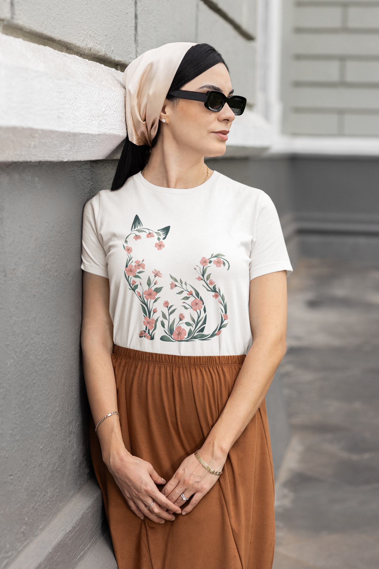 Cherry Blossom Cat T-Shirt Floral Cat Silhouette Tee for Cat Lovers and Plant Moms