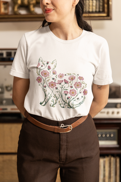 Cosmos Flower Cat T-Shirt Floral Cat Silhouette Tee for Cat Lovers and Plant Moms
