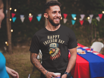 Happy Freedom Day Eagle T-Shirt Patriotic USA Graphic Tee for 4th of July and Proud Americans