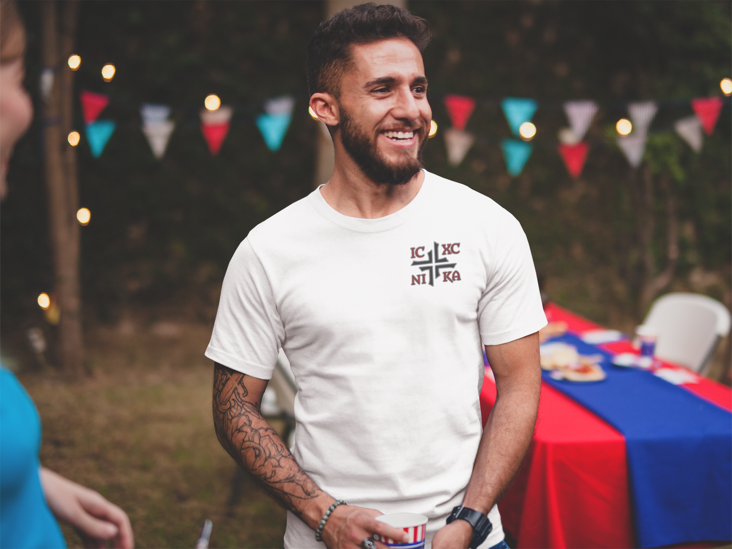 IC XC NIKA Jesus Christ Conquers Asymmetric Cross Emblem Embroidered T-Shirt