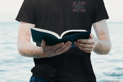 IC XC NIKA Jesus Christ Conquers Asymmetric Cross Emblem Embroidered T-Shirt