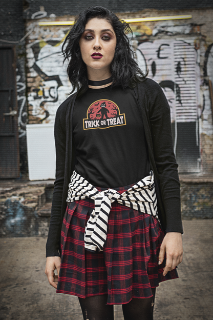 Trick or Treat T Shirt, Jurassic Park Inspired Halloween Graphic Tee for Horror Fans and Halloween Lovers