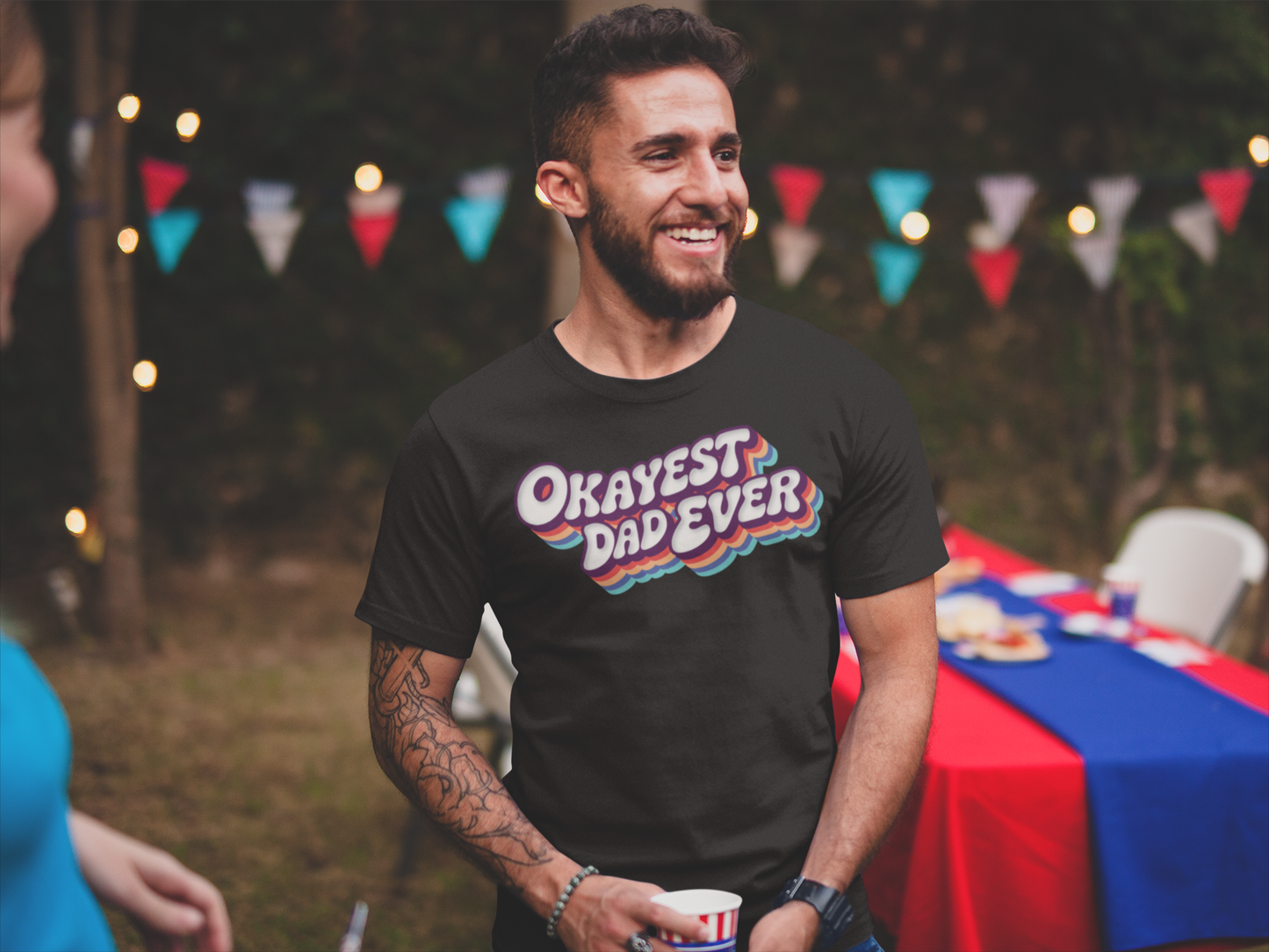 Okayest Dad Ever T Shirt Funny Retro Rainbow Typography Gift for Fathers and Dad Joke Fans