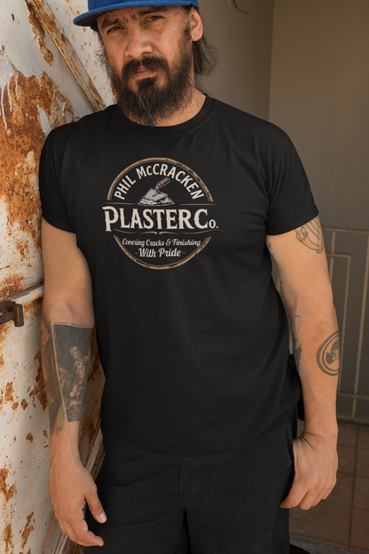 Phil McCracken Plaster Co Funny T Shirt Vintage Work Logo Pun Design for Joke Lovers