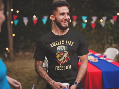 Smells Like Freedom Eagle T-Shirt Funny Patriotic USA Graphic Tee for 4th of July and Proud Americans
