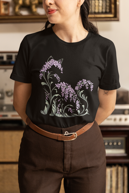 Wisteria Floral Cat T-Shirt for Cat Lovers and Plant Moms Cottagecore Botanical Cat Lover Gift Boho Nature Aesthetic Tee