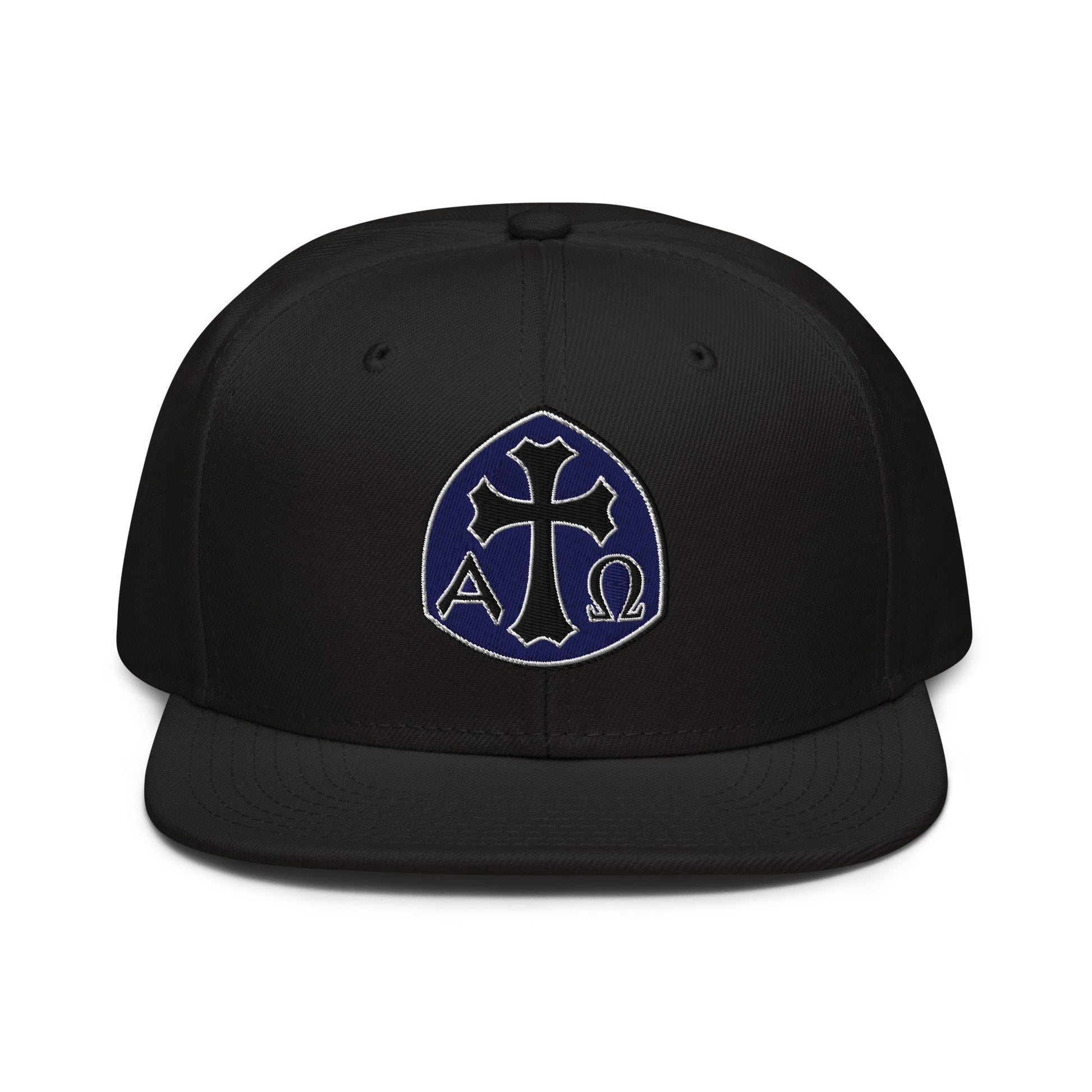Alpha Omega Gothic Cross Emblem Flat Stitch Snapback - Inken Image