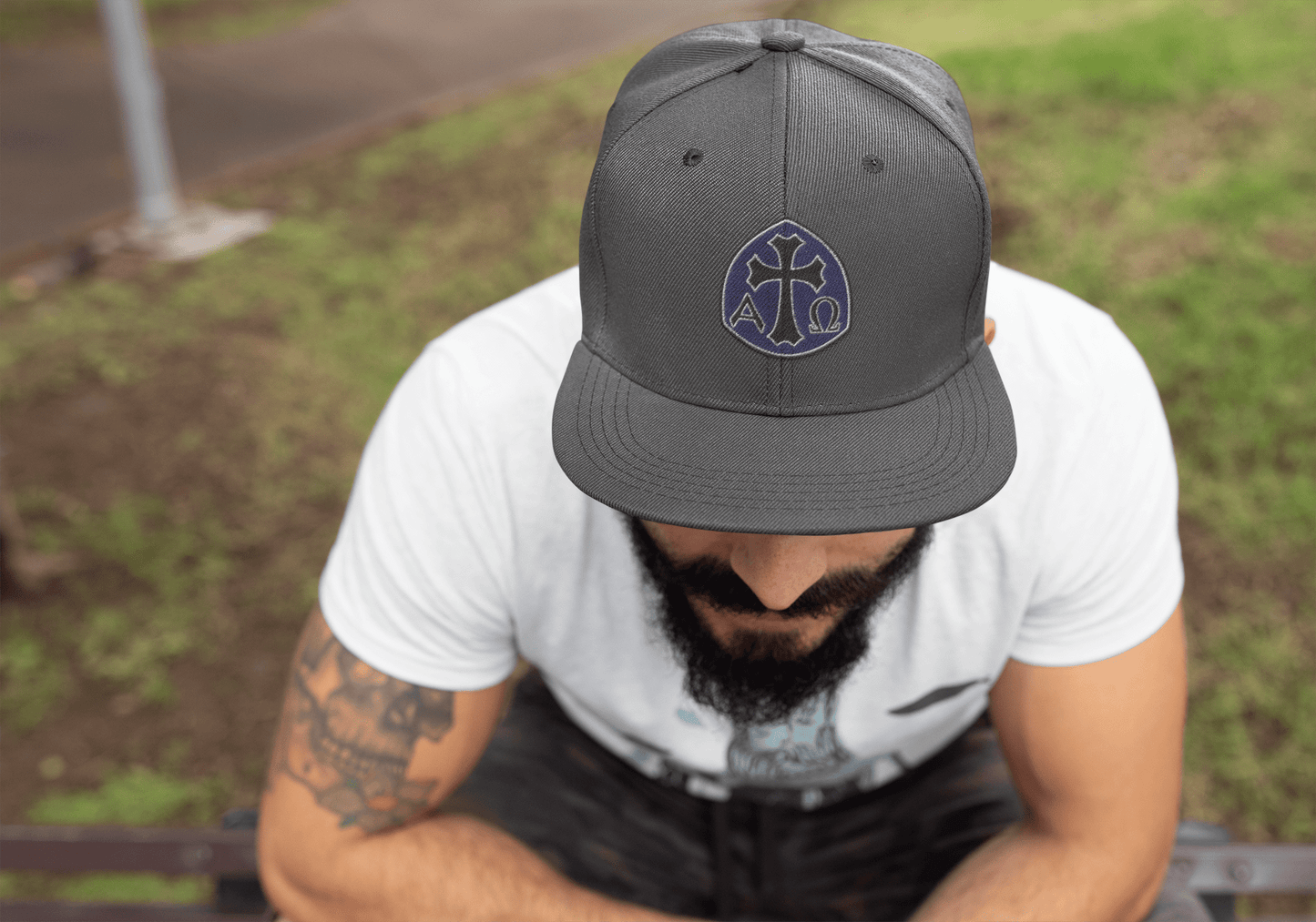 Alpha Omega Gothic Cross Emblem Flat Stitch Snapback - Inken Image