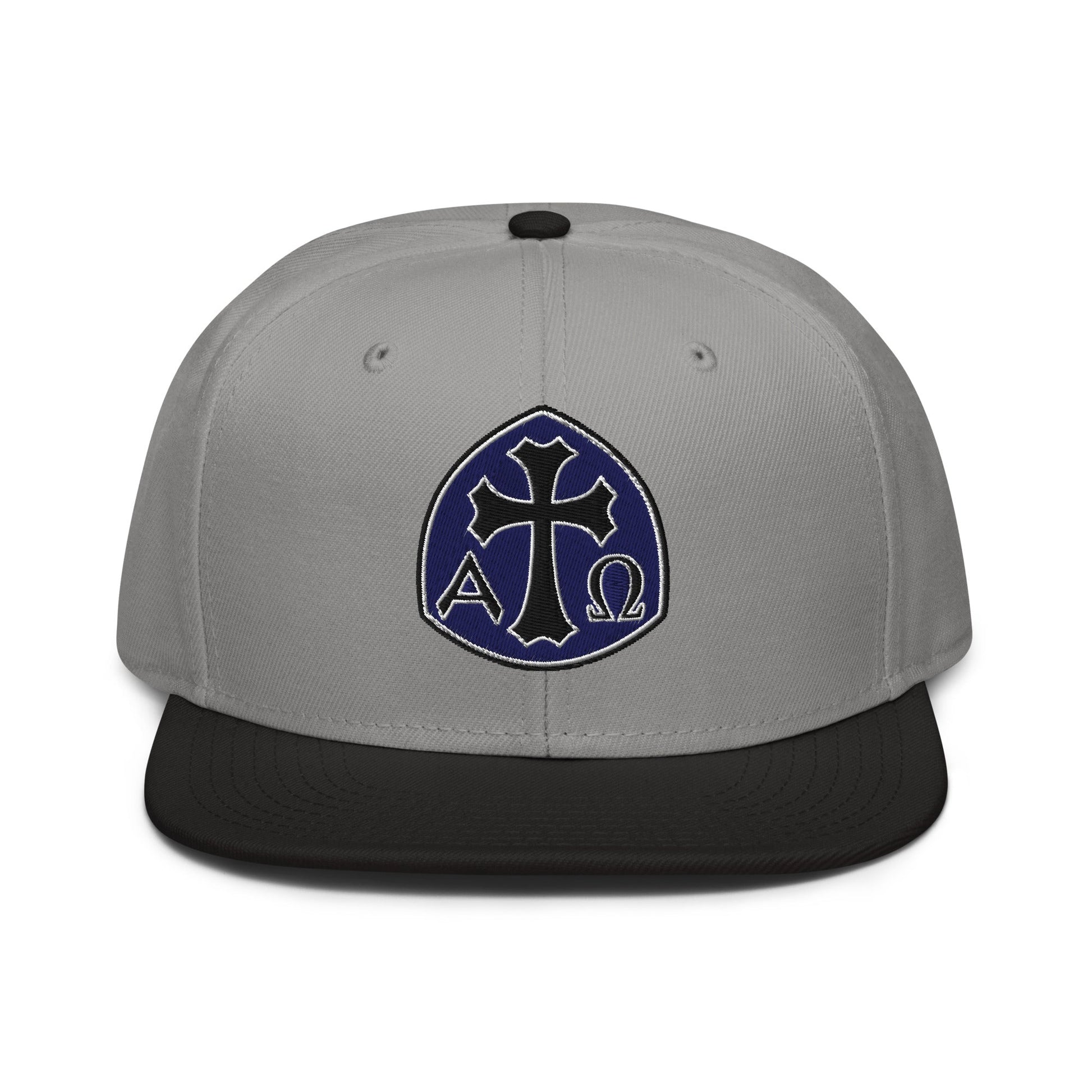 Alpha Omega Gothic Cross Emblem Flat Stitch Snapback - Inken Image