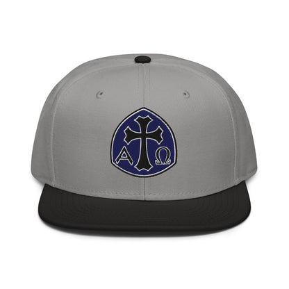 Alpha Omega Gothic Cross Emblem Flat Stitch Snapback - Inken Image
