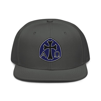 Alpha Omega Gothic Cross Emblem Flat Stitch Snapback - Inken Image