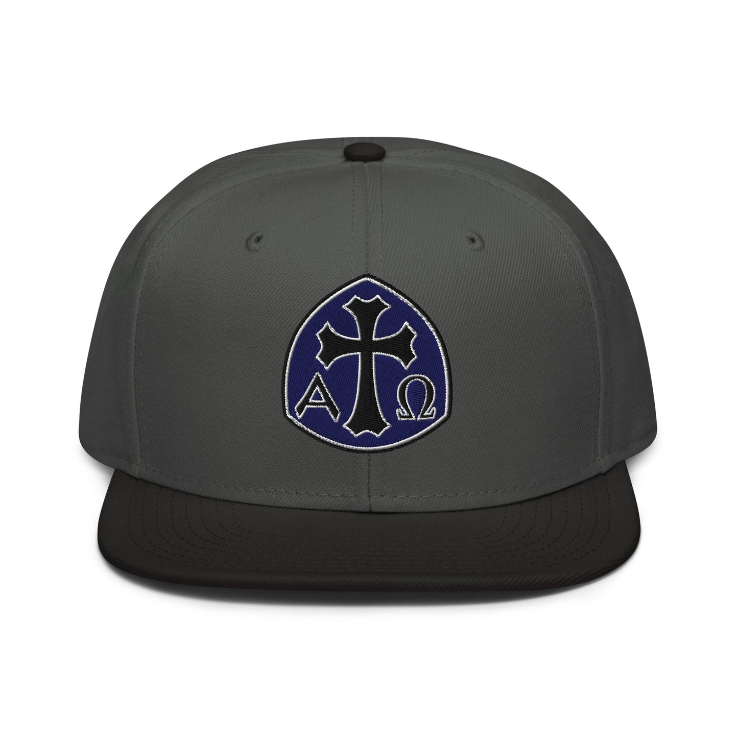 Alpha Omega Gothic Cross Emblem Flat Stitch Snapback - Inken Image