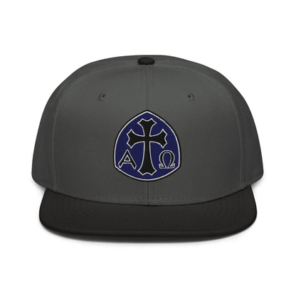 Alpha Omega Gothic Cross Emblem Flat Stitch Snapback - Inken Image