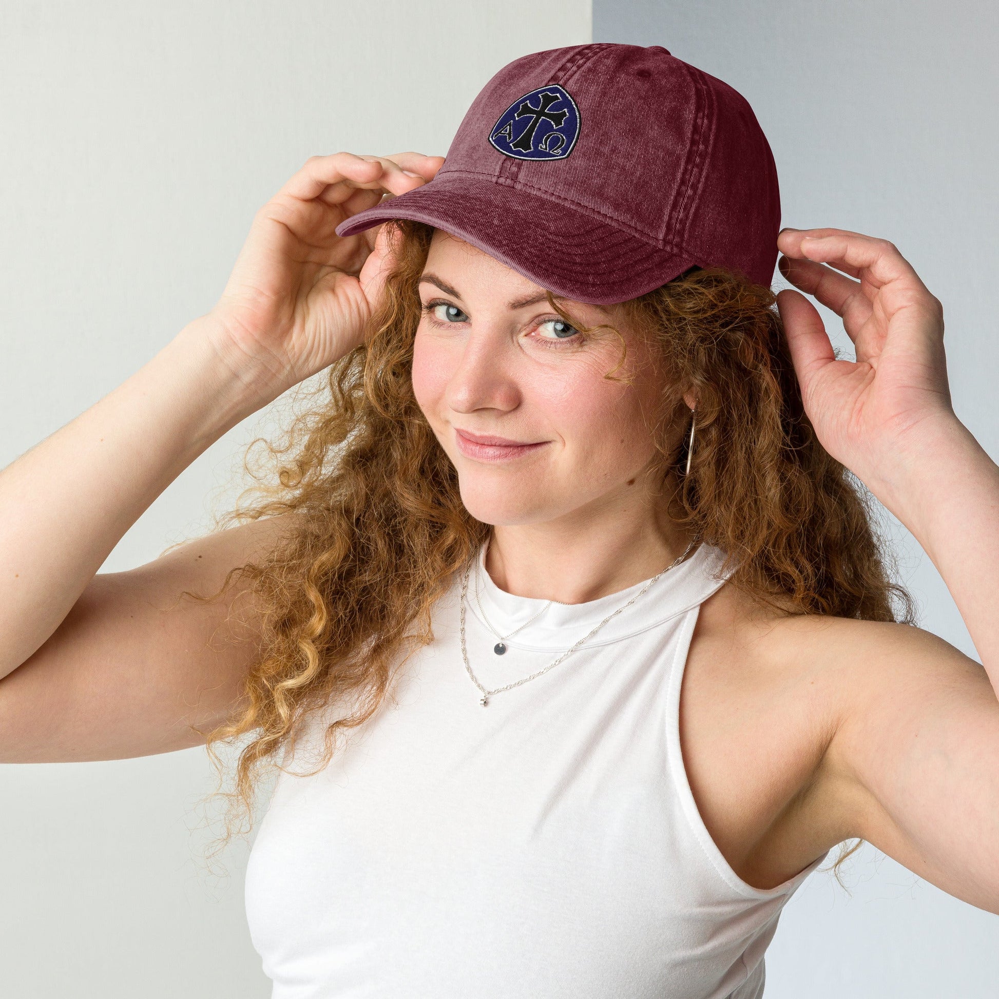 Alpha Omega Gothic Cross Emblem Flat Stitch Vintage Cotton Twill Cap - Inken Image