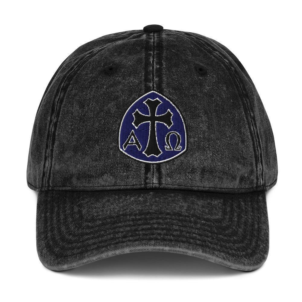 Alpha Omega Gothic Cross Emblem Flat Stitch Vintage Cotton Twill Cap - Inken Image
