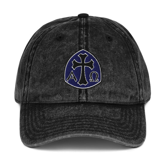 Alpha Omega Gothic Cross Emblem Flat Stitch Vintage Cotton Twill Cap - Inken Image