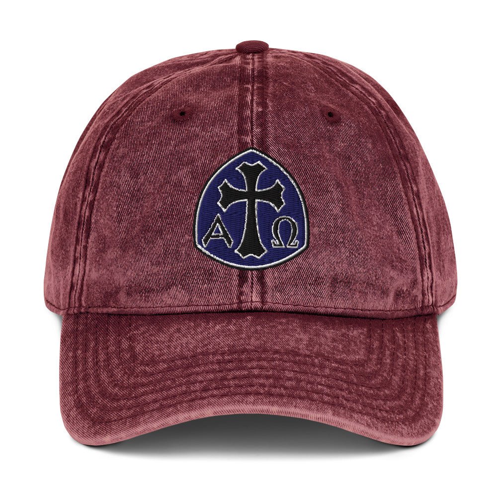 Alpha Omega Gothic Cross Emblem Flat Stitch Vintage Cotton Twill Cap - Inken Image