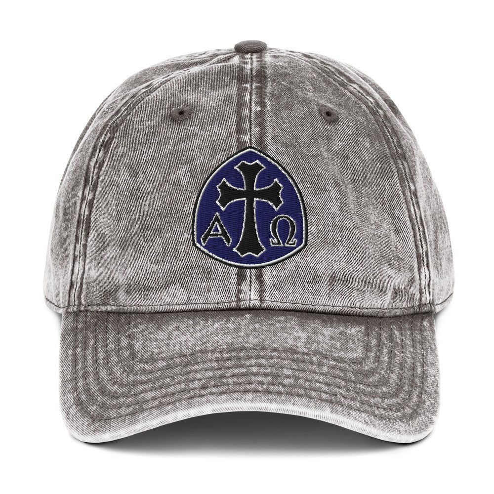 Alpha Omega Gothic Cross Emblem Flat Stitch Vintage Cotton Twill Cap - Inken Image