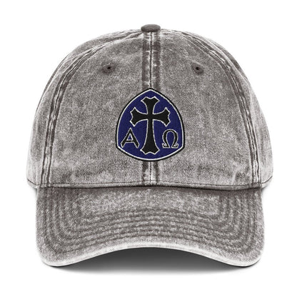Alpha Omega Gothic Cross Emblem Flat Stitch Vintage Cotton Twill Cap - Inken Image