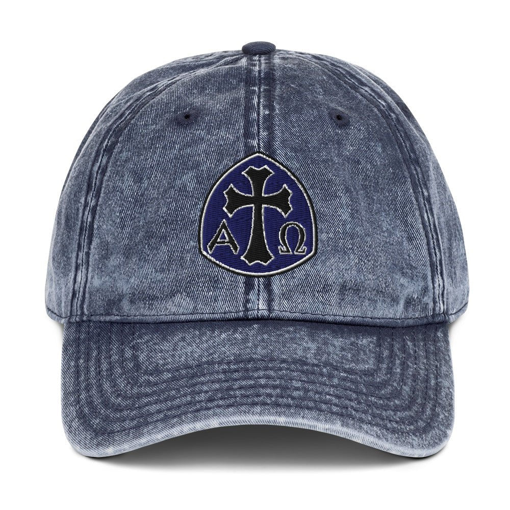 Alpha Omega Gothic Cross Emblem Flat Stitch Vintage Cotton Twill Cap - Inken Image