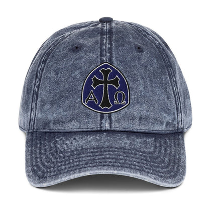 Alpha Omega Gothic Cross Emblem Flat Stitch Vintage Cotton Twill Cap - Inken Image