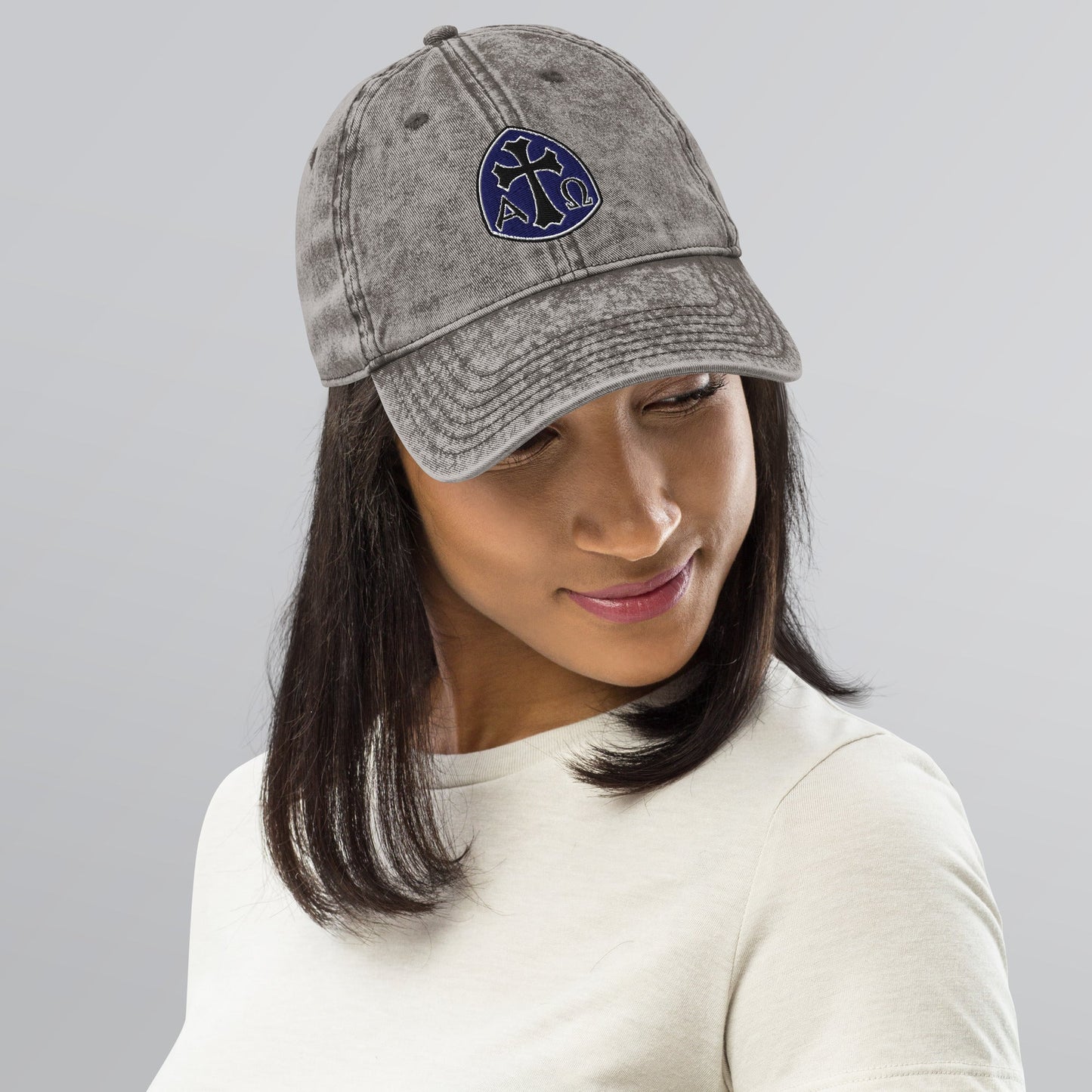 Alpha Omega Gothic Cross Emblem Flat Stitch Vintage Cotton Twill Cap - Inken Image
