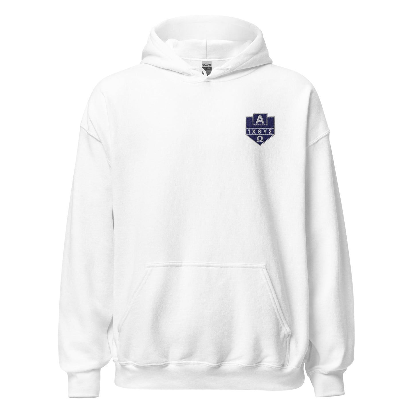 Alpha Omega ICTHYS Greek Shield Embroidered Hoodie - Inken Image