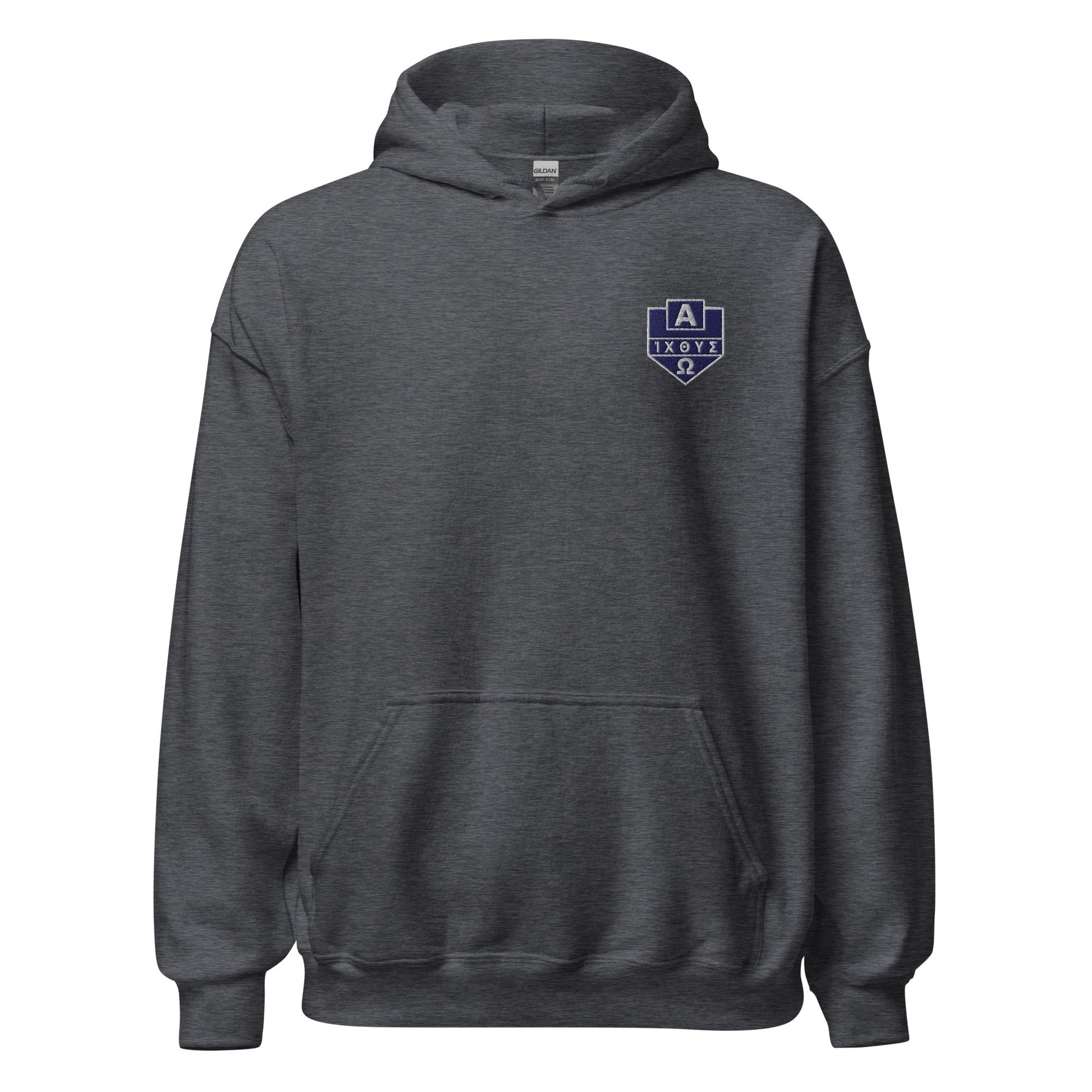 Alpha Omega ICTHYS Greek Shield Embroidered Hoodie - Inken Image
