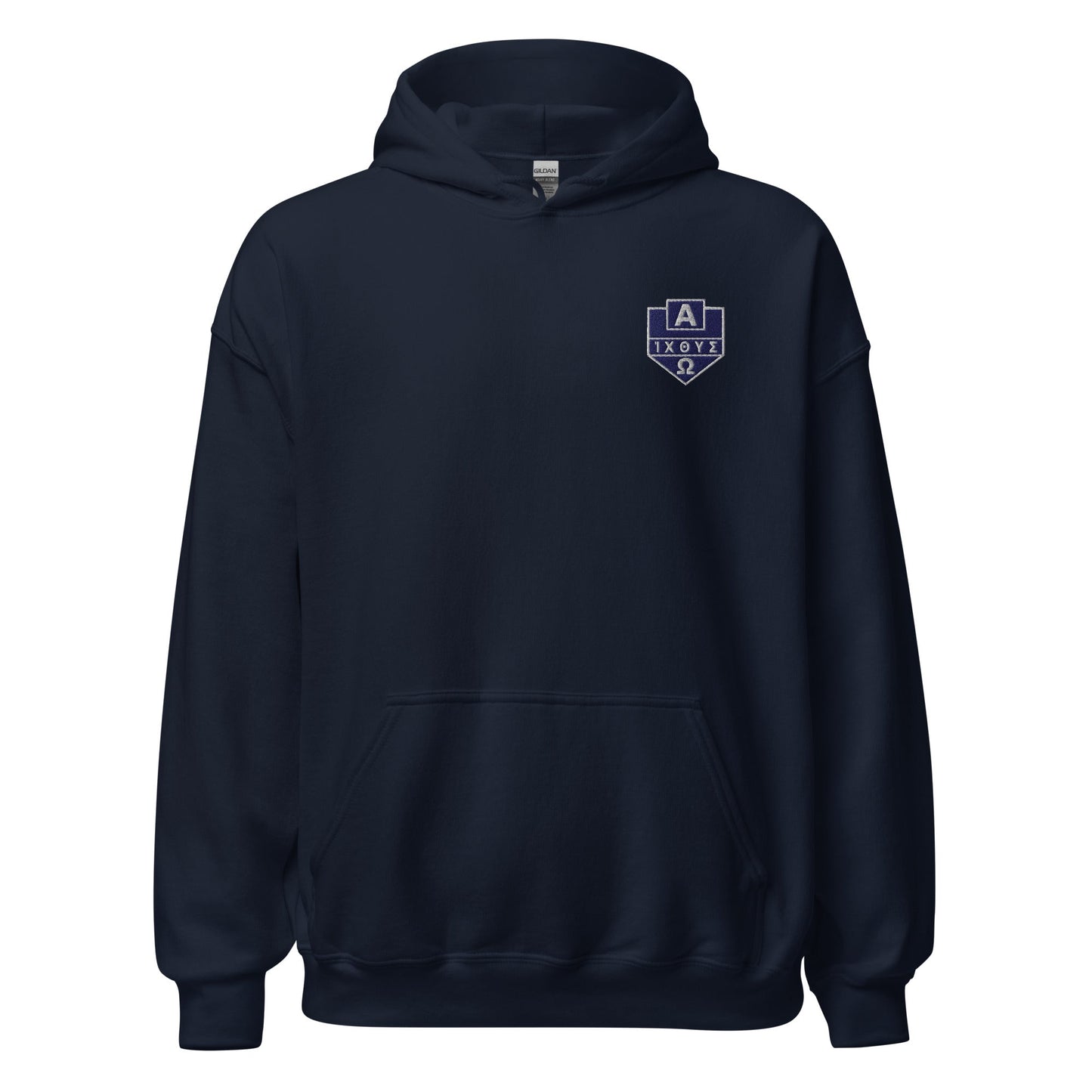 Alpha Omega ICTHYS Greek Shield Embroidered Hoodie - Inken Image