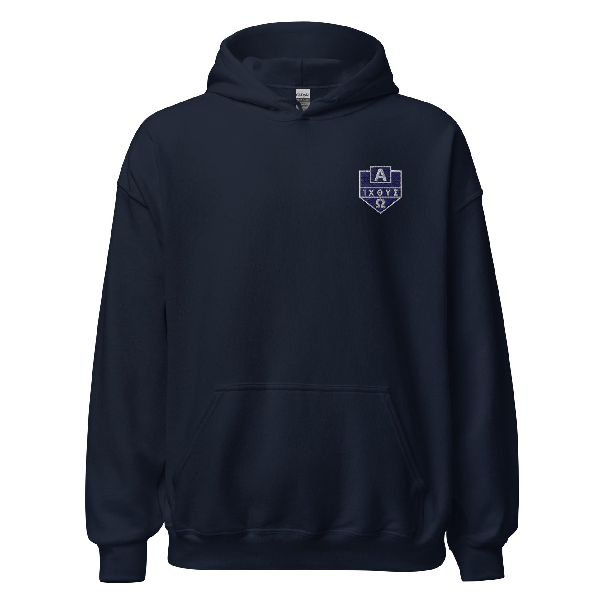 Alpha Omega ICTHYS Greek Shield Embroidered Hoodie - Inken Image