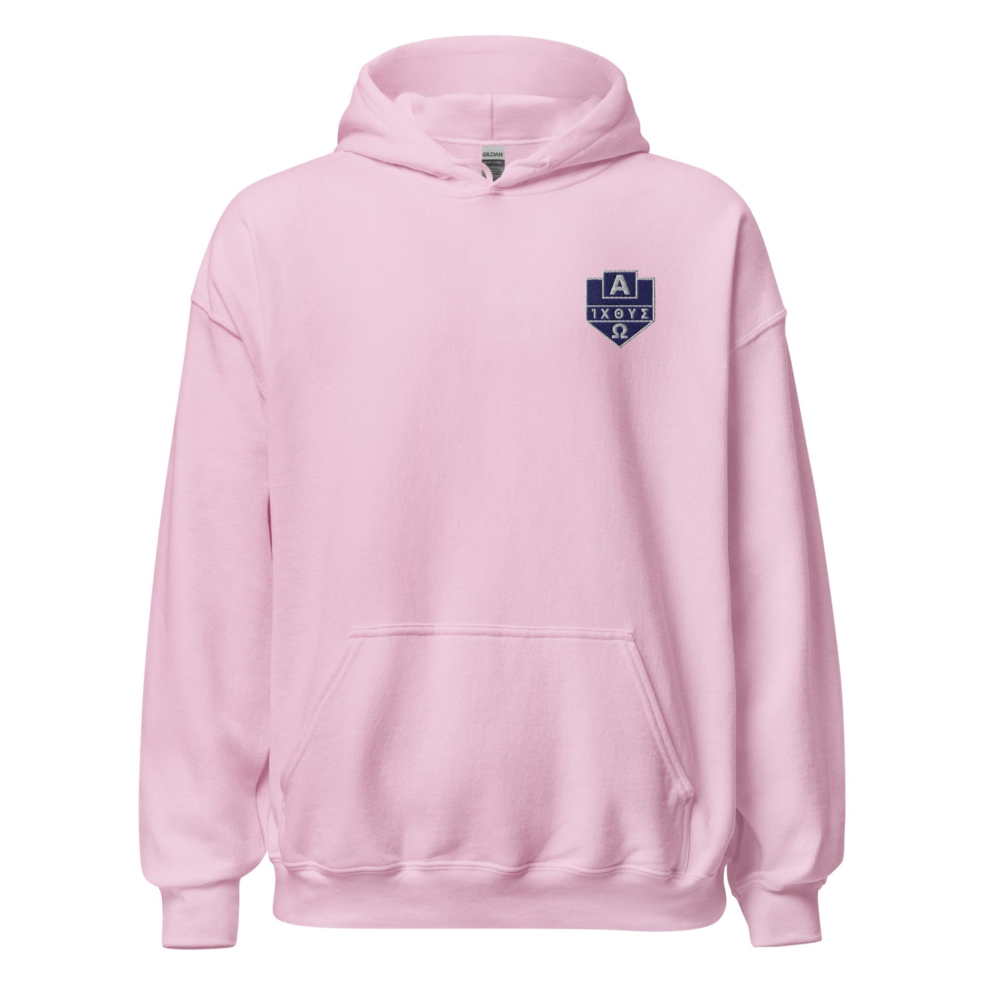 Alpha Omega ICTHYS Greek Shield Embroidered Hoodie - Inken Image