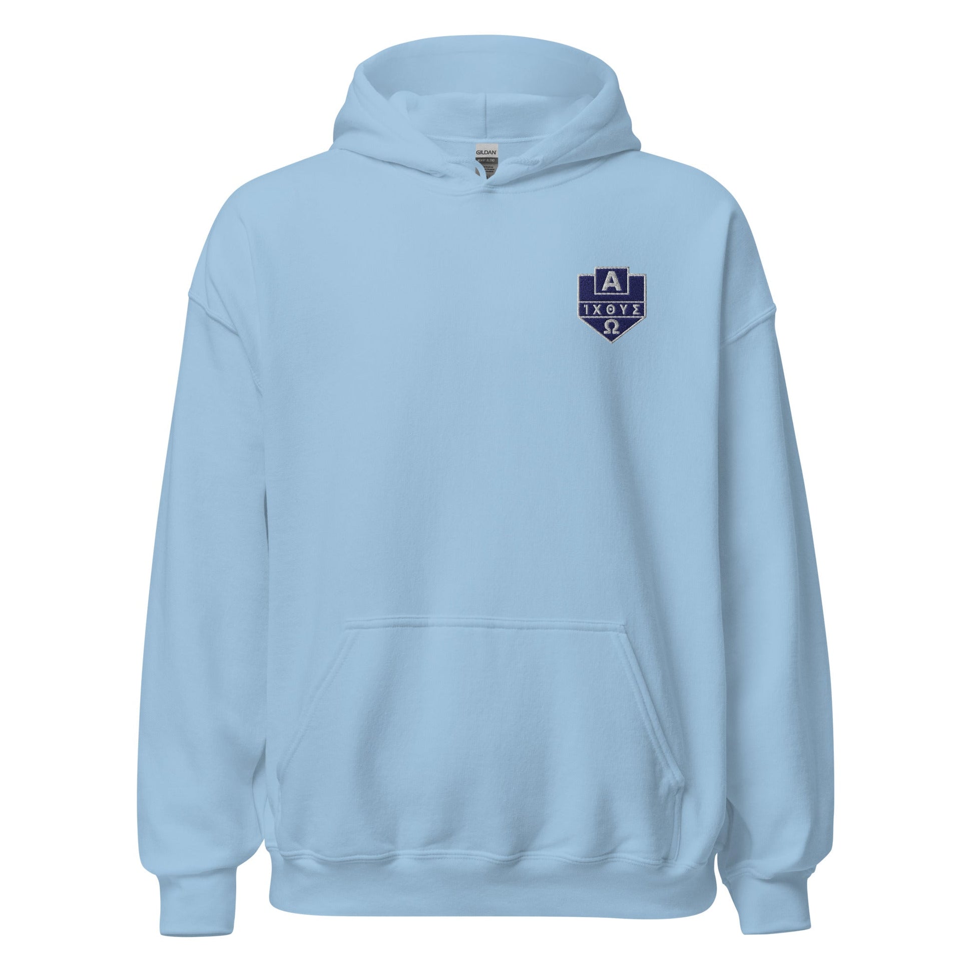 Alpha Omega ICTHYS Greek Shield Embroidered Hoodie - Inken Image