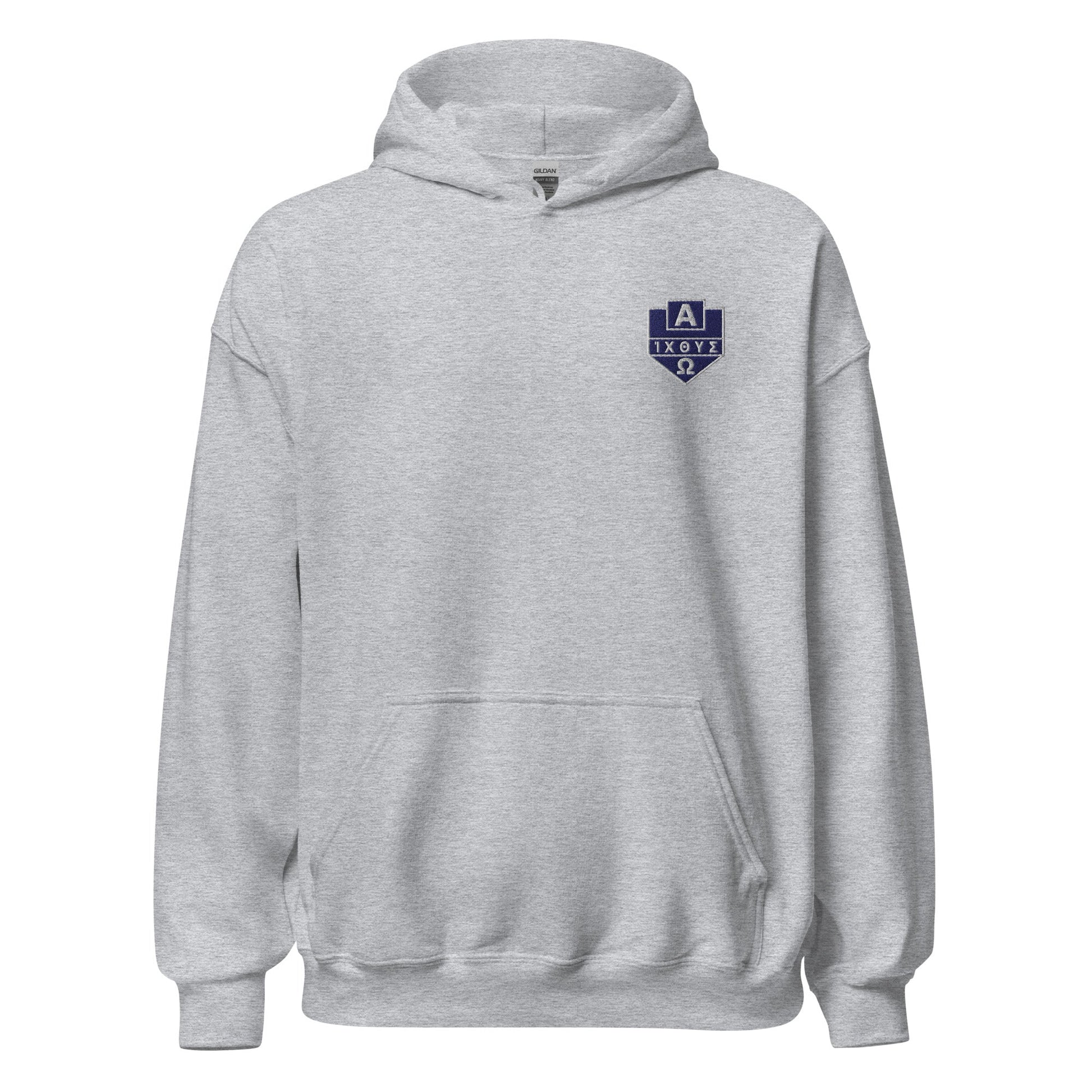 Alpha Omega ICTHYS Greek Shield Embroidered Hoodie - Inken Image