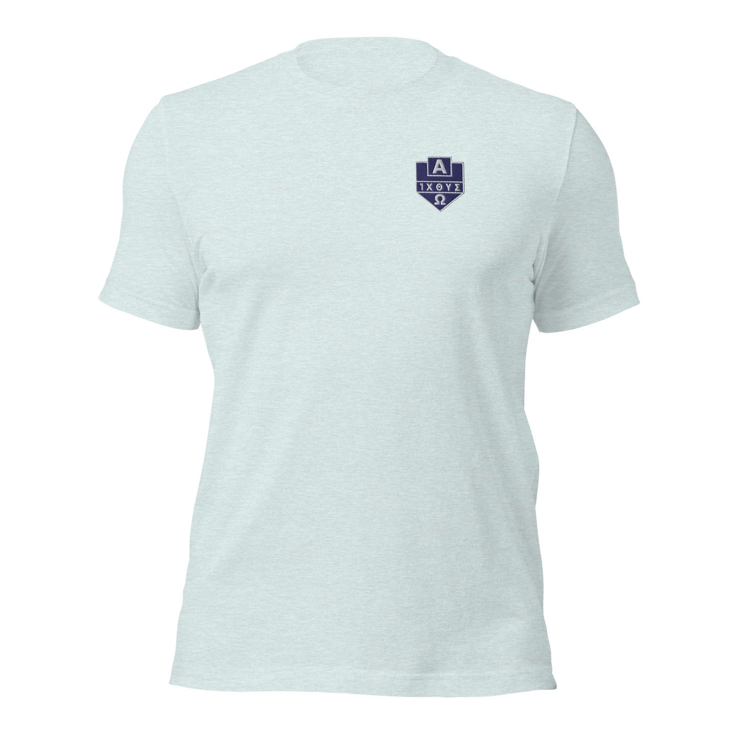 Alpha Omega ICTHYS Greek Shield Embroidered T-Shirt - Inken Image