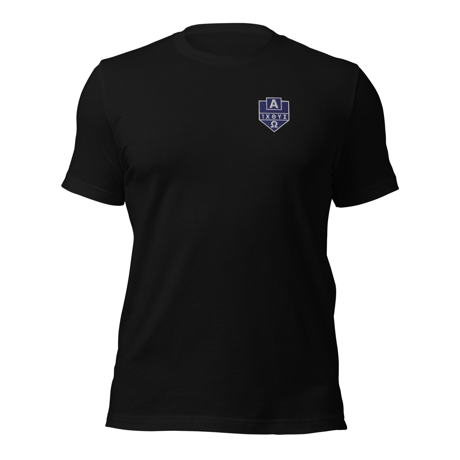 Alpha Omega ICTHYS Greek Shield Embroidered T-Shirt - Inken Image