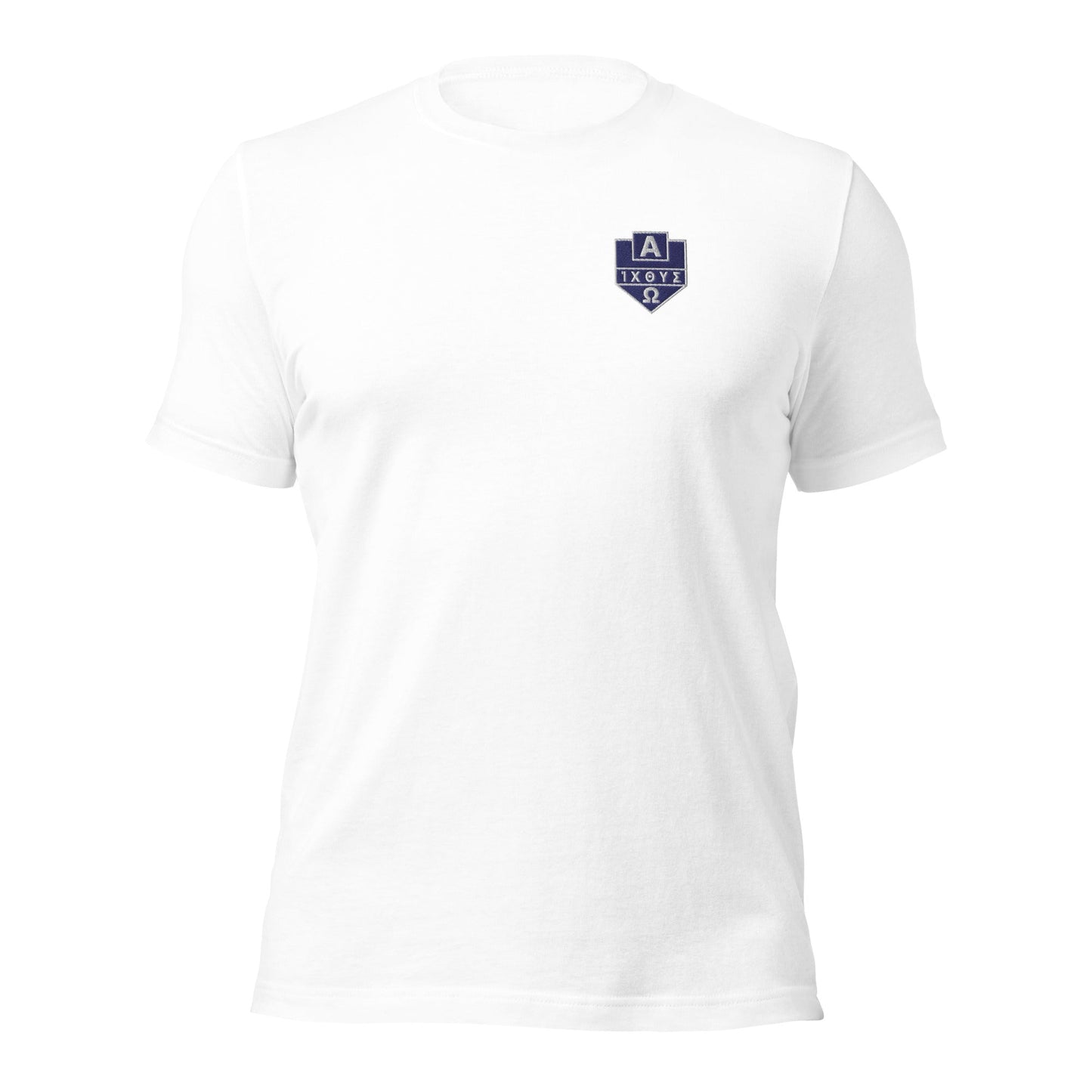 Alpha Omega ICTHYS Greek Shield Embroidered T-Shirt - Inken Image