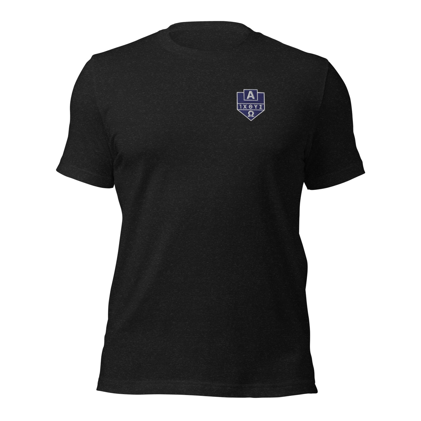 Alpha Omega ICTHYS Greek Shield Embroidered T-Shirt - Inken Image